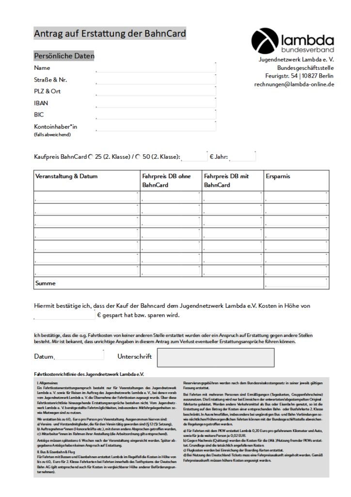 Formular für Erstattung der BahnCard