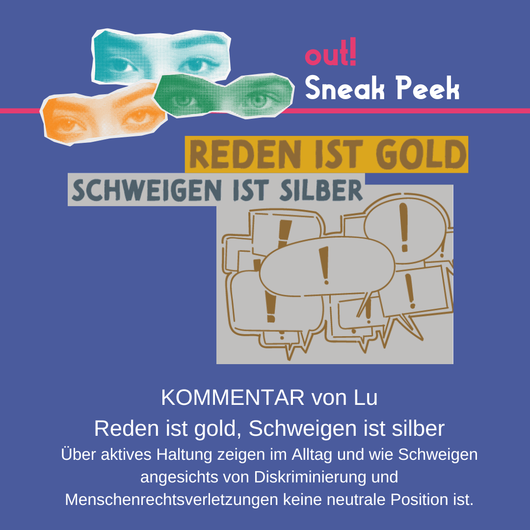 Der Hintergrund ist dunkelblau. Oben links sind drei Augenpaare in gelb, grün und blau. Oben rechts steht in pink "out!" und darunter in weiß "Sneak Peek". Im unteren Bildrand ist das Lambda Logo in pink. In der Mitte ist ein Vorschaubild für den out! Beitrag. Unter oder neben dem Vorschau-Bild steht der Titel des Beitrags und der Name des*r Autor*in.