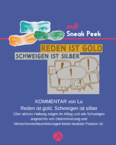 Der Hintergrund ist dunkelblau. Oben links sind drei Augenpaare in gelb, grün und blau. Oben rechts steht in pink "out!" und darunter in weiß "Sneak Peek". Im unteren Bildrand ist das Lambda Logo in pink. In der Mitte ist ein Vorschaubild für den out! Beitrag. Unter oder neben dem Vorschau-Bild steht der Titel des Beitrags und der Name des*r Autor*in.