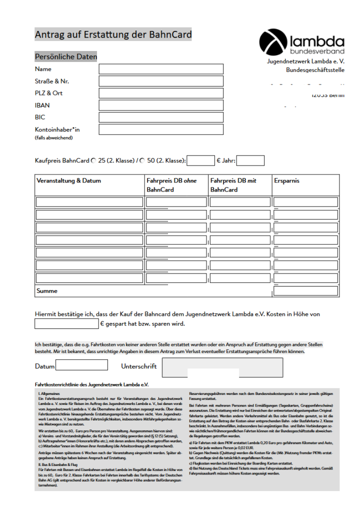 Formular für Erstattung der BahnCard