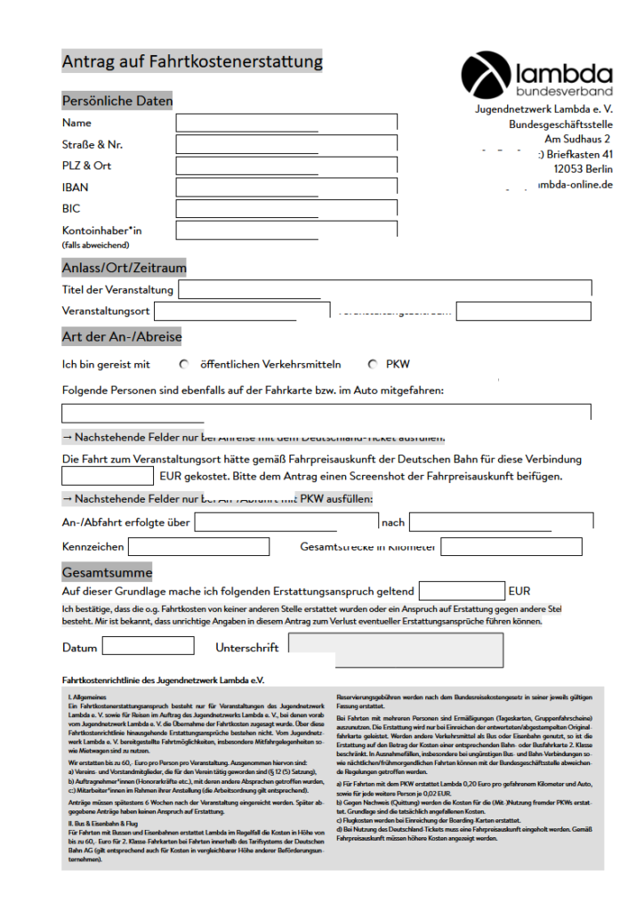 Formular für Fahrtkostenerstattung